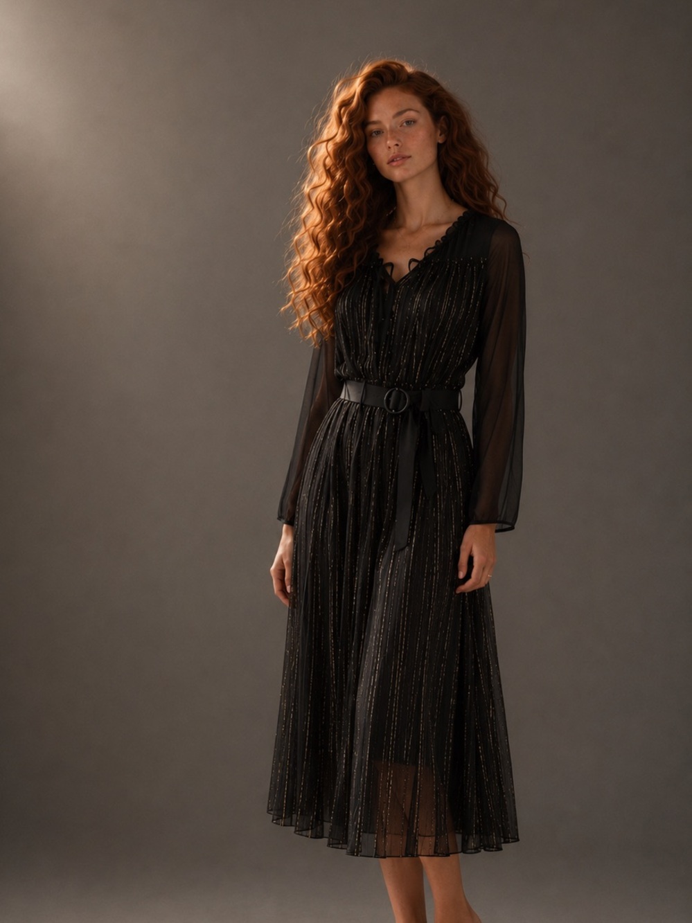 Sandro Paris Metallic Stripe Chiffon Midi Dress Belted Black